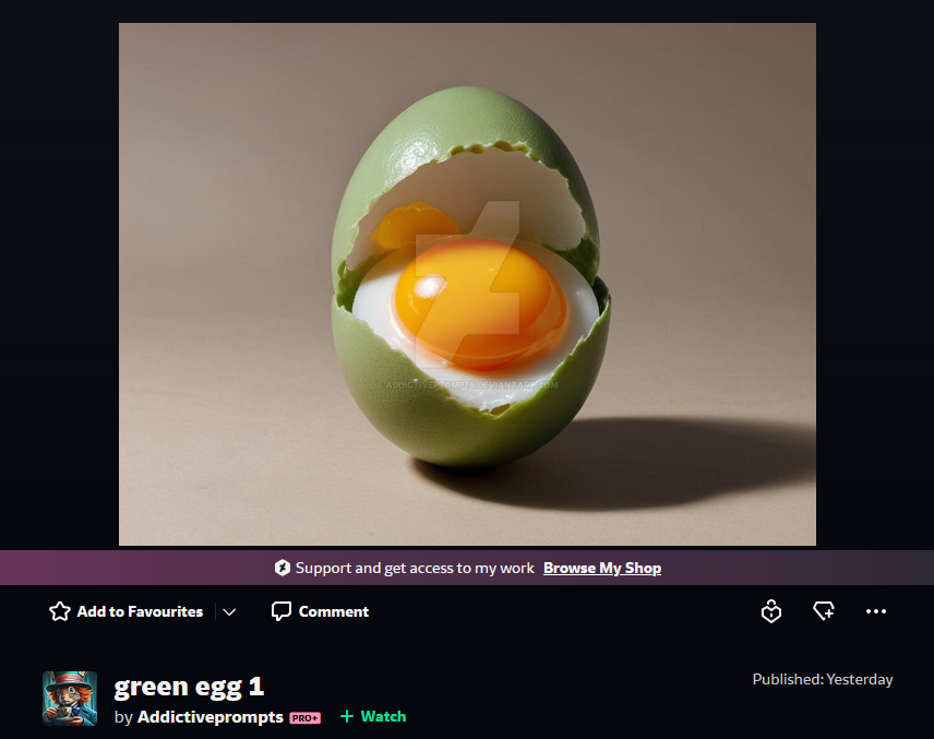 A screenshot from Deviantart with an AI-generated image of an egg with a green shell. The shell is broken in an unnatural manner, the yolk is sitting upon the white in an unnatural way, and there is a vague shadow of yolk in a strange place on the back of the shell. It has a DeviantArt watermark on it.