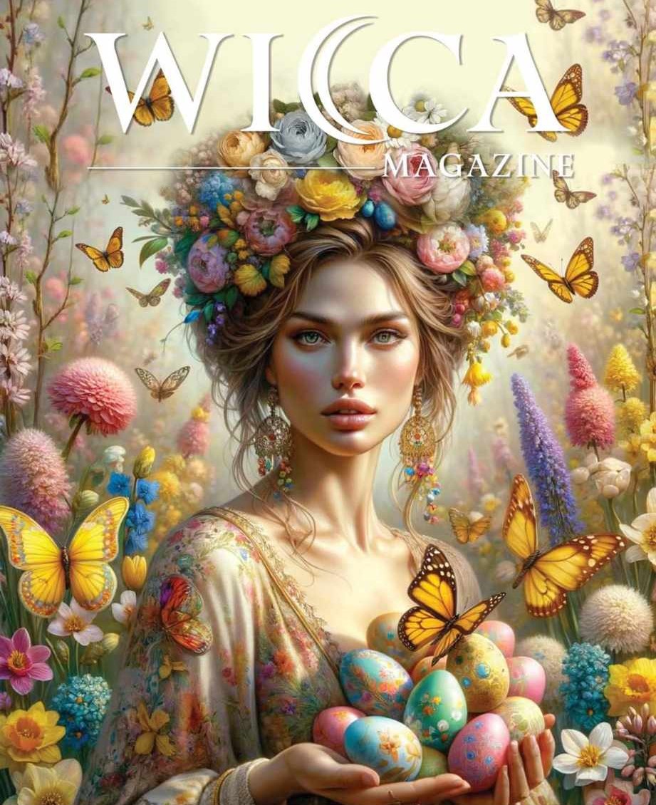 The cover of Wicca magazine, which has an image of a woman holding several decorated eggs in her hands. There are a number of butterflies flying around her.