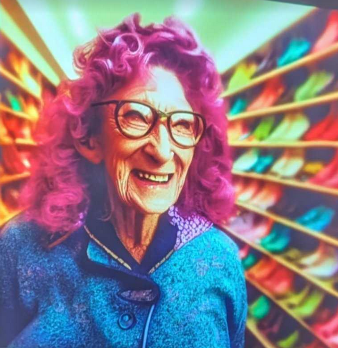 An image of a purple-haired, older woman standing in a shoe store. She appears to have no eyeballs.